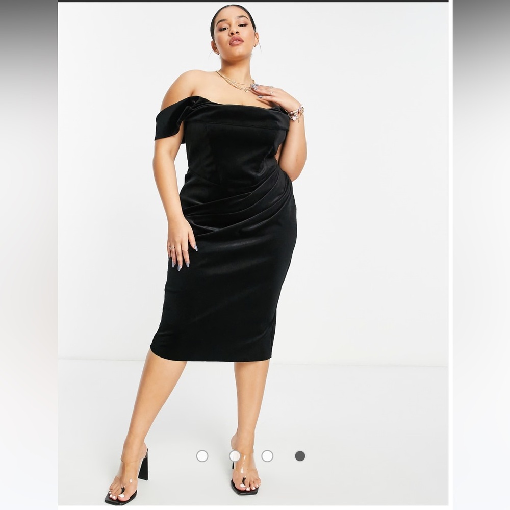 ASOS DESIGN Curve drape bardot corset velvet pencil midi dress in black